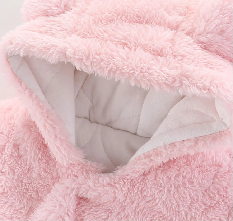 Snuggly Bear Hug: Plush Hooded Romper for Babies