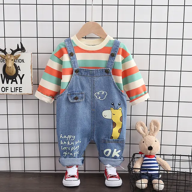 Unisex 2 Pcs Half Sleeves Cute Giraffe Dungaree