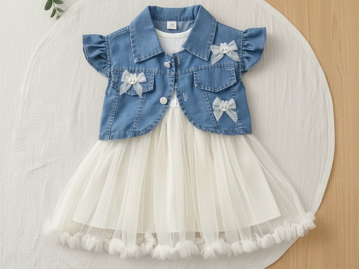 Girls Summer Party Frock with Soft Cotton Denim Jacket & Lightweight Net Dress