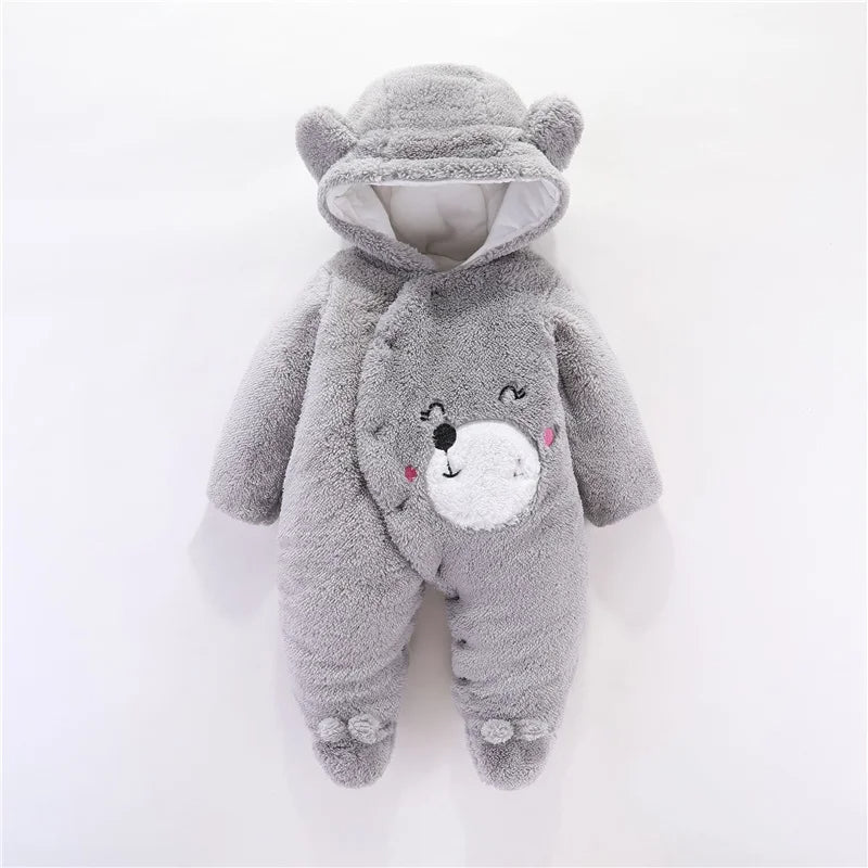 Snuggly Bear Hug: Plush Hooded Romper for Babies