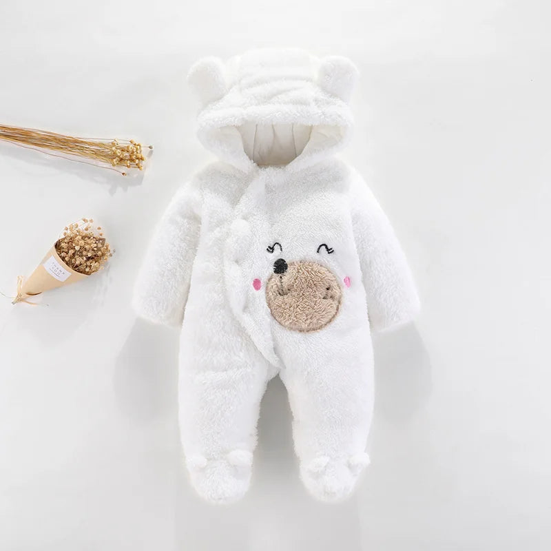 Snuggly Bear Hug: Plush Hooded Romper for Babies