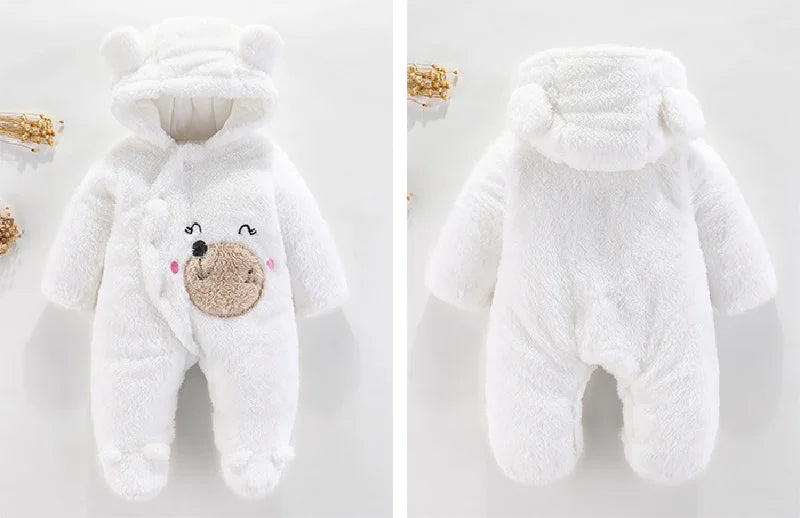 Snuggly Bear Hug: Plush Hooded Romper for Babies