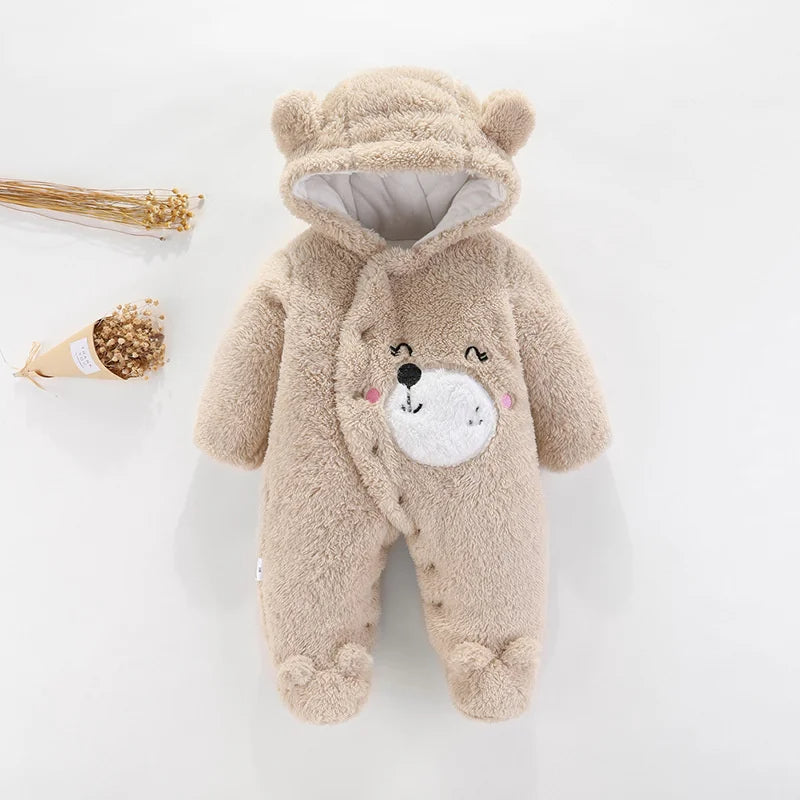Snuggly Bear Hug: Plush Hooded Romper for Babies