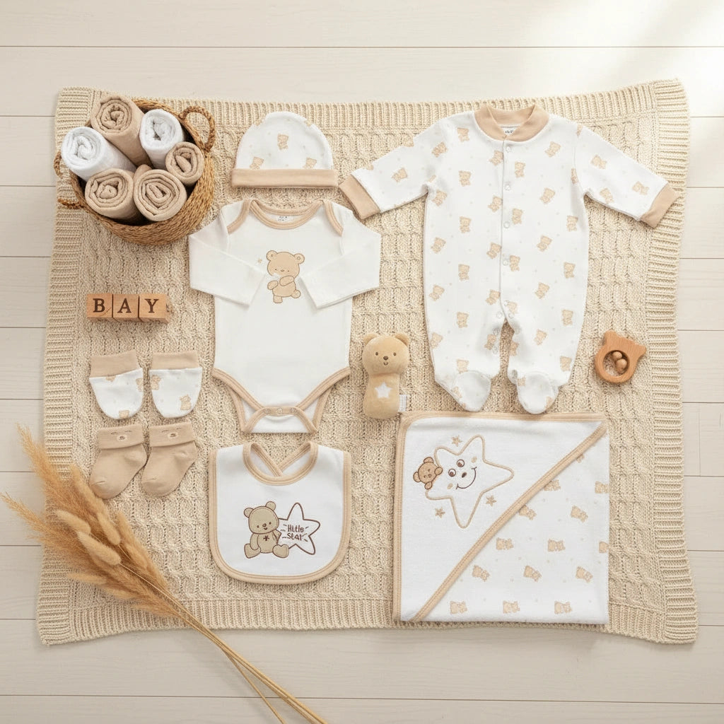 Baby clothing set with onesies, hat, bib, and blanket featuring teddy bear designs on a white background.