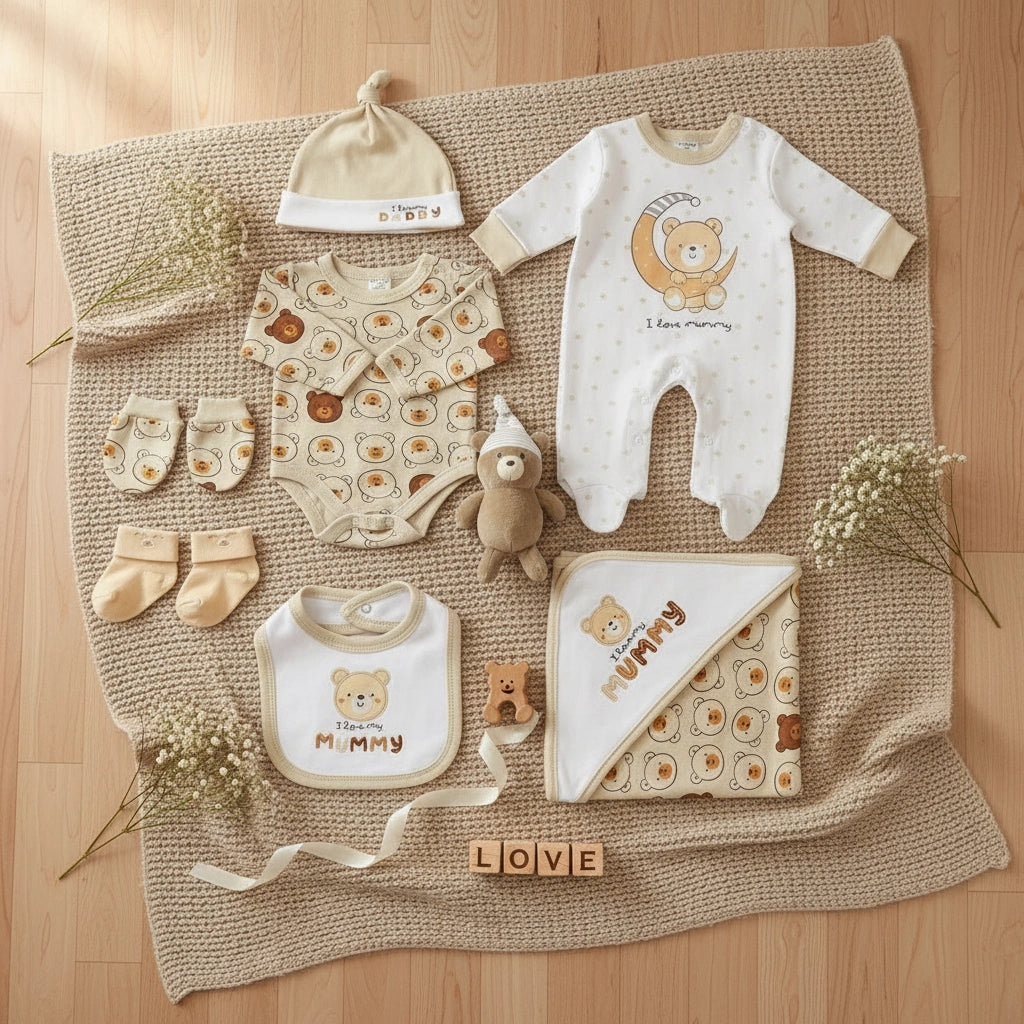Baby clothing set with bear patterns on a white background