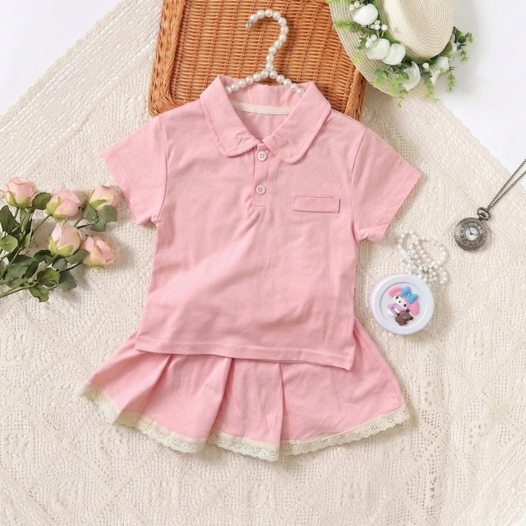 Adorable Girls Matching Set – Collar Tee ,Flowy Skirt & Pearl Bag | Ages 1–5YR