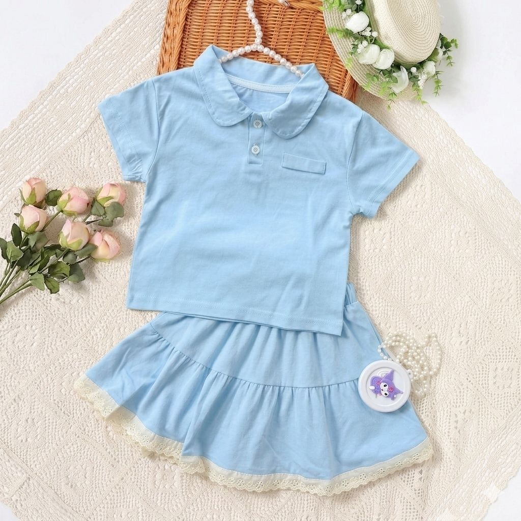 Adorable Girls Matching Set – Collar Tee ,Flowy Skirt & Pearl Bag | Ages 1–5YR