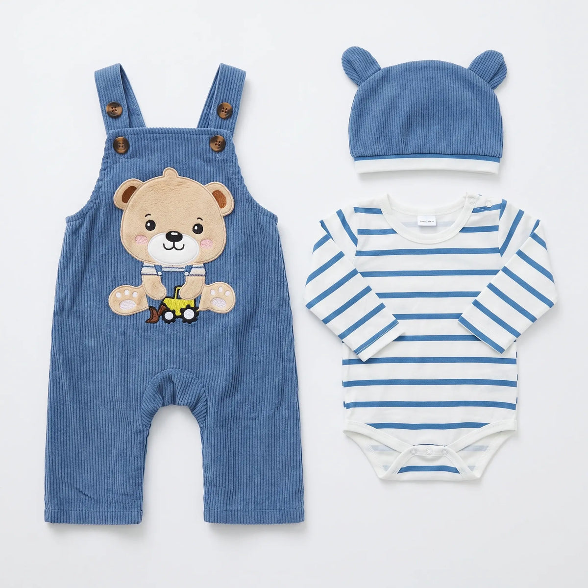 Baby 3-Piece Corduroy Dungaree Set with Bear-Ear Cap | Alaya Junior