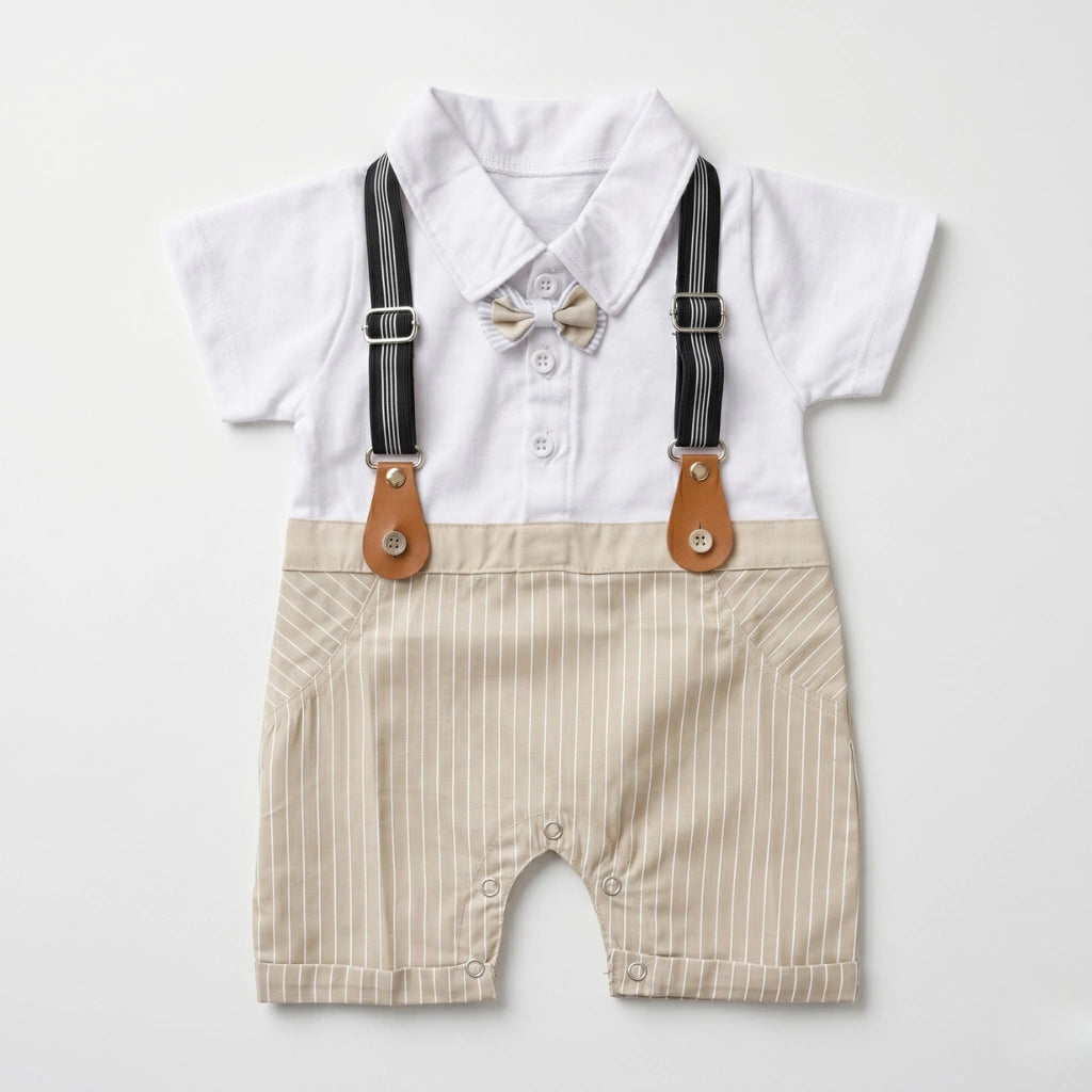 Baby outfit with white shirt, beige shorts, suspenders, and bow tie on a light gray background