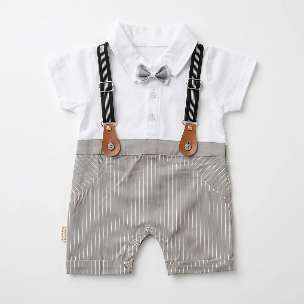 Baby outfit with white shirt, gray striped shorts, suspenders, and bow tie on a white background