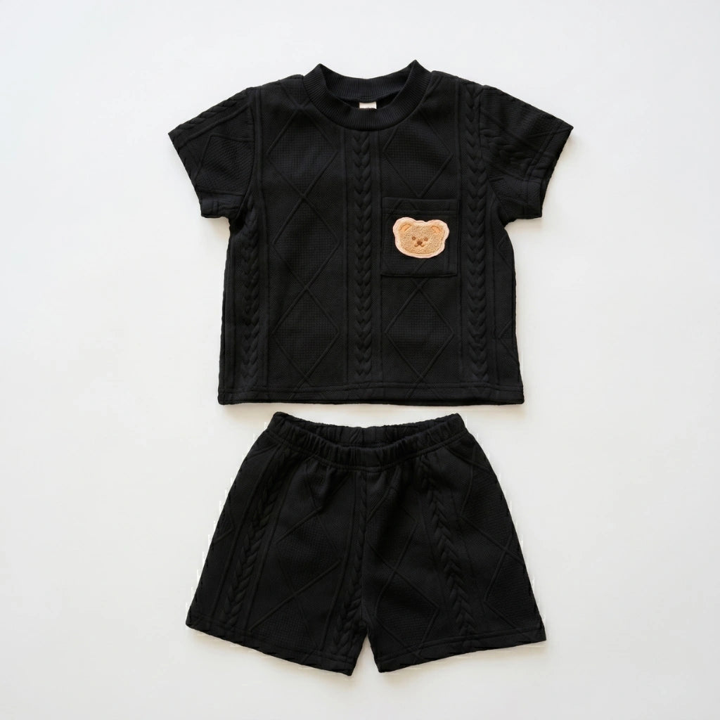 Baby Boy Black Cable Texture Set — Bear Patch Top & Shorts