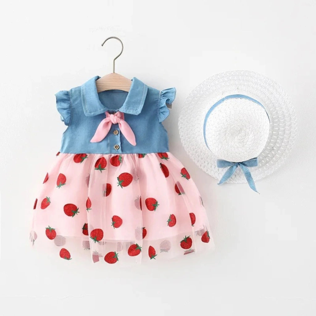 Baby Girls Strawberry Summer Dress with Hat (Pink & White)