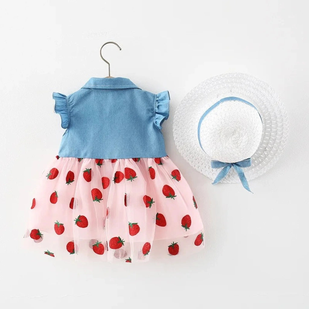 Baby Girls Strawberry Summer Dress with Hat (Pink & White)