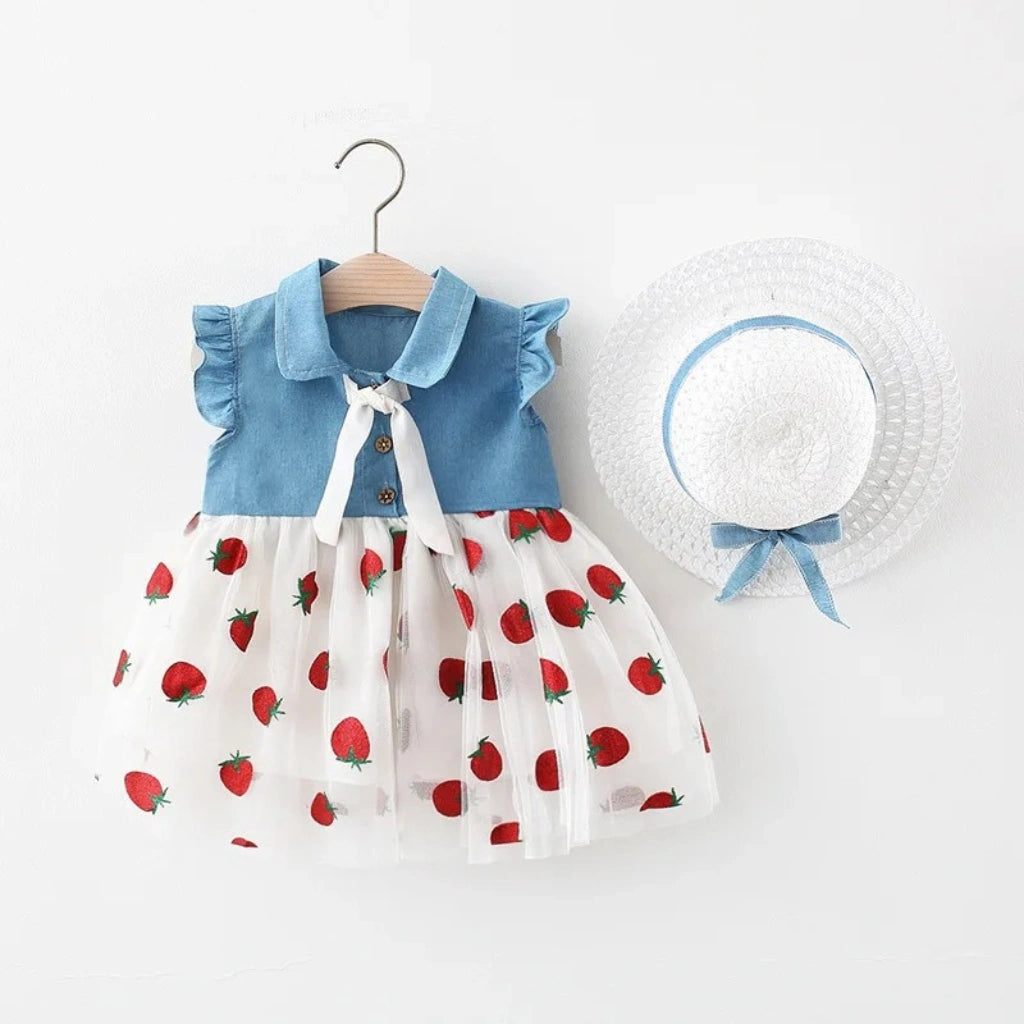 Baby Girls Strawberry Summer Dress with Hat (Pink & White)