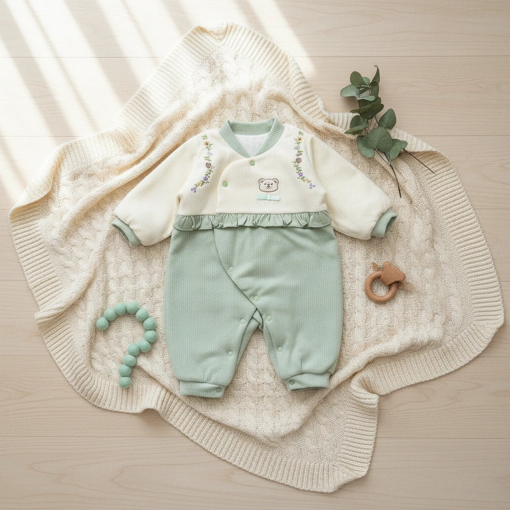 Baby outfit with light-colored top and green pants on a white background