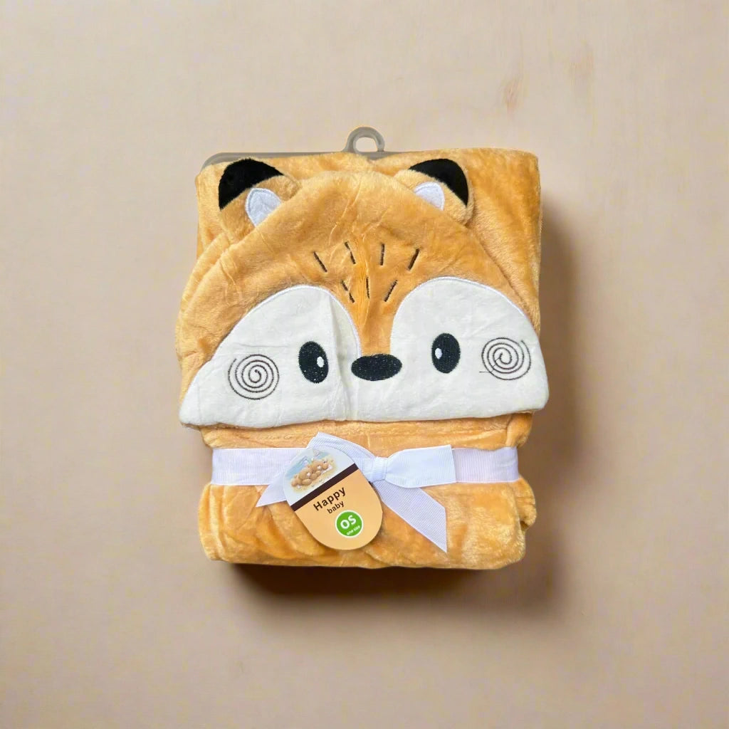 Fox-shaped hooded towel with a tag on a white background