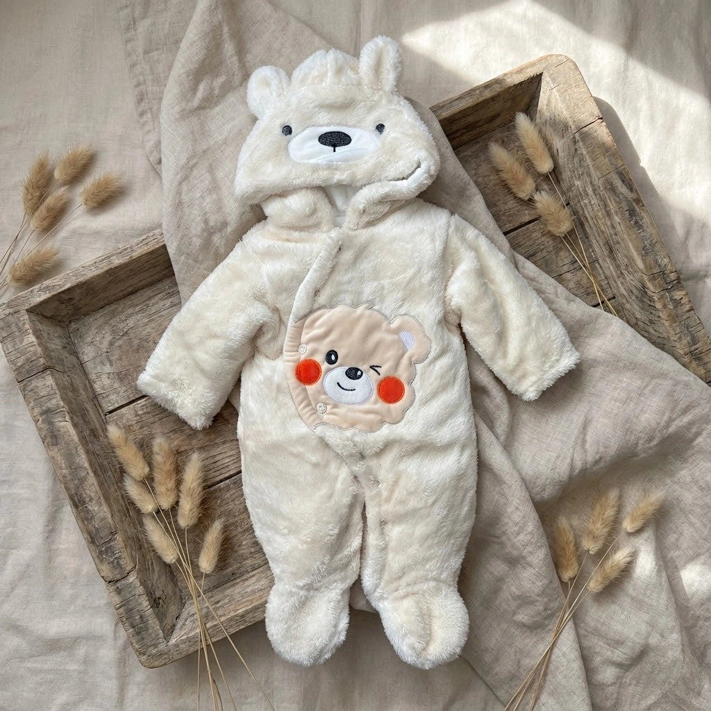 White baby snowsuit with bear design on a white background