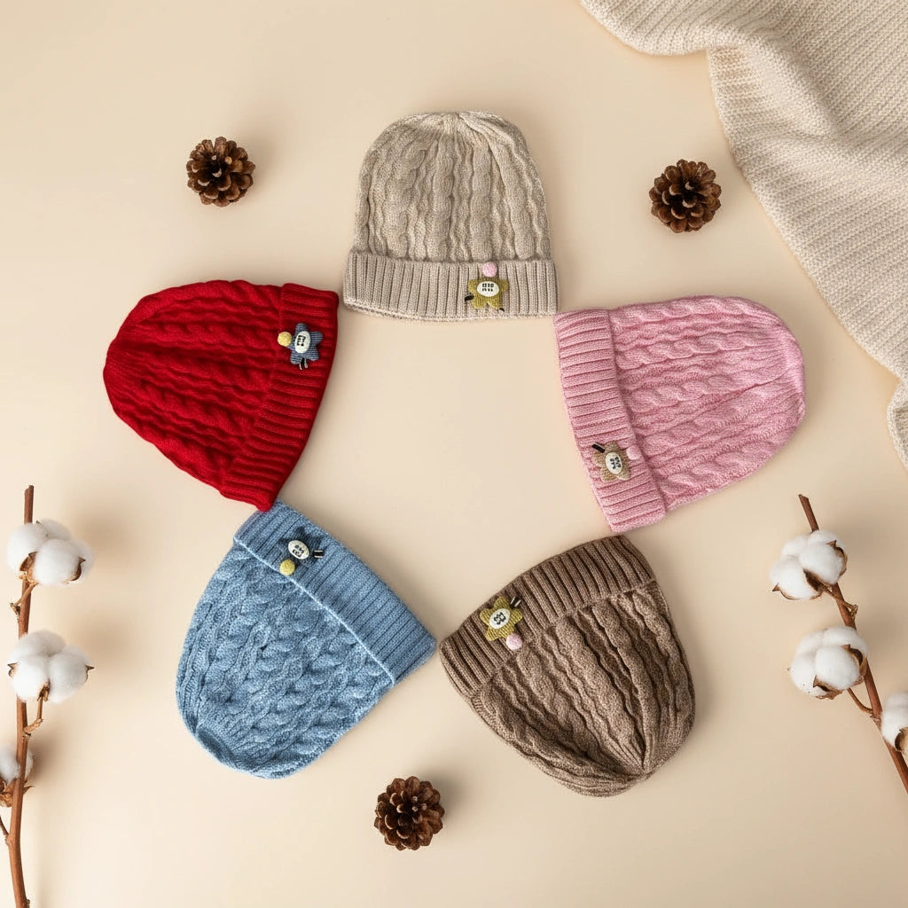 Five knitted hats in different colors on a white background