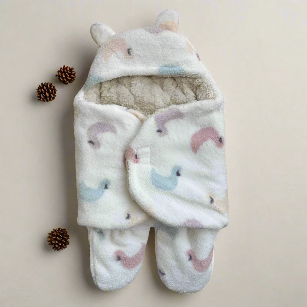 The Alaya Junior Furry Baby Winter Swaddle, featuring soft sherpa fleece with pastel bird patterns and bear ears, lies on a neutral surface. Adjustable Velcro closures add convenience, while three small pine cones nearby serve as decoration.