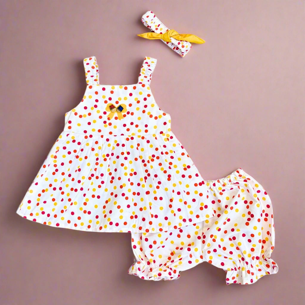 Baby Girls’ Summer White Polka Dots 3-Piece Frock Set