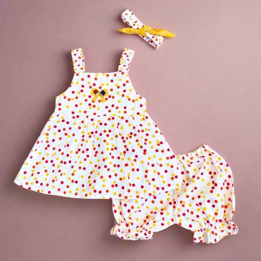Baby Girls’ Summer White Polka Dots 3-Piece Frock Set