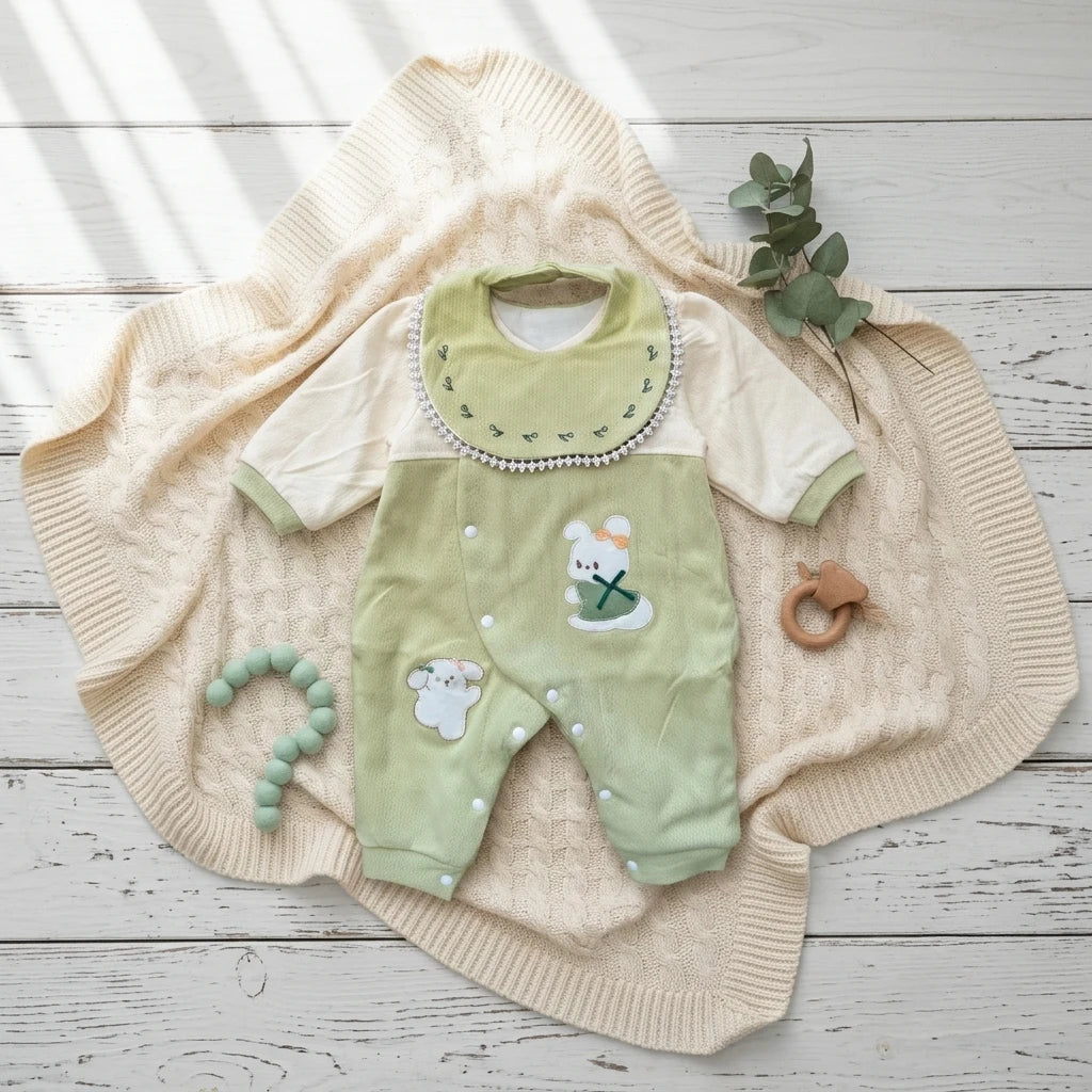 Baby Girl Winter Warm quilted Romper with Bear Embroidery