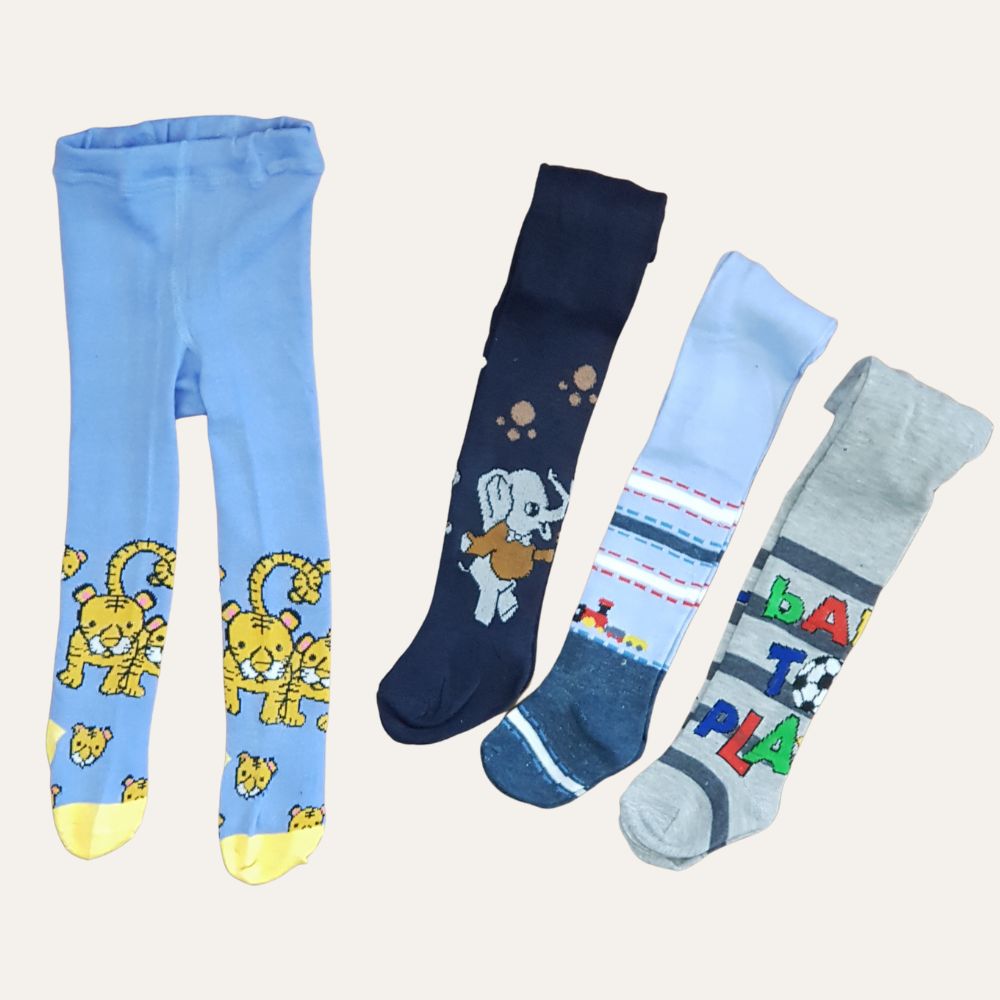 Four pairs of vibrant children's tights are displayed. The first pair is light blue with yellow cartoon giraffes, perfect for any newborn baby. The second pair is dark blue with an elephant. The third pair is white with blue and red stripes. The fourth pair is gray with colorful lettersβideal infant clothing from Pakistan. These cozy cartoon leggings for babies, a set of four called "4-Pack Cozy Cartoon Leggings for Babies (Set of Blues)" by Alaya Junior, ensure comfort and charm for your little one.