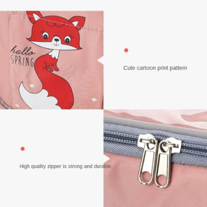 Close-up of the Diaper Bag + Stroller Organizer with Charging Cable by Alaya Junior, showing a cute cartoon fox with the text "hello SPRING" on a pink background. This water-repellent bag features a pair of high-quality, durable metallic zippers detailed in the bottom right.