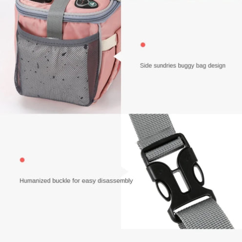 A collage image showcasing two close-up views of the Alaya Junior Diaper Bag + Stroller Organizer with Charging Cable. The top left reveals the side pocket labeled "Side sundries buggy bag design," while the bottom right zooms in on the buckle labeled "Humanized buckle for easy disassembly." This multi-functional travel solution also features vivid color options for added style.