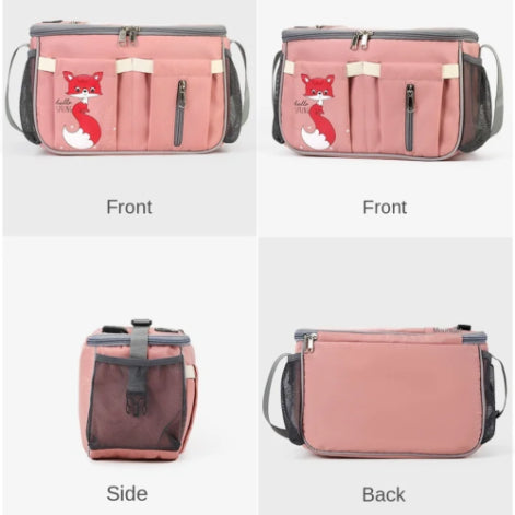Collage of the Alaya Junior Diaper Bag + Stroller Organizer with Charging Cable shown from multiple angles. The front view features a red fox graphic with the text "Hello Fox." There are mesh pockets on either side, a handle on top, and a long strap. Made from water-repellent material, the back view shows a plain surface with no design or pockets.