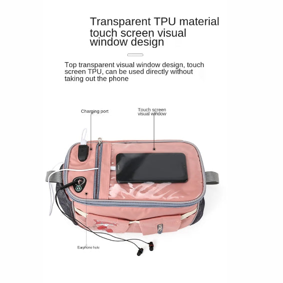 The Diaper Bag + Stroller Organizer with Charging Cable by Alaya Junior is a multi-functional travel solution crafted from water-repellent material. Available in pink, it features a transparent TPU touchscreen window on top, a charging port, an earphone jack, and a front mesh pocket. The transparent window showcases touchscreen compatibility without needing to remove your device.