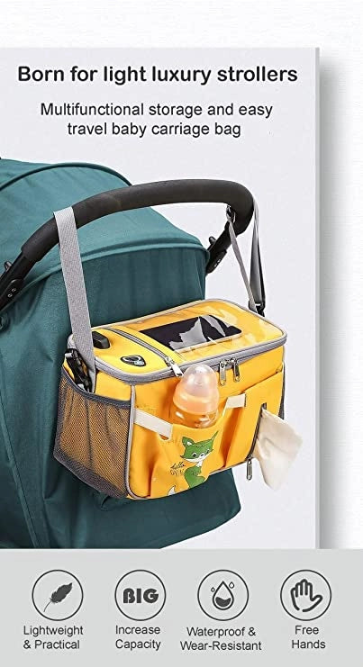 The Alaya Junior Diaper Bag + Stroller Organizer with Charging Cable is a multifunctional travel solution in vibrant color options, designed to attach to a stroller handle. This organizer, available in yellow and other vivid colors, includes various compartments and pockets such as a mesh bottle holder, a wipe dispenser, and a clear window on top. Icon labels below highlight its features.
