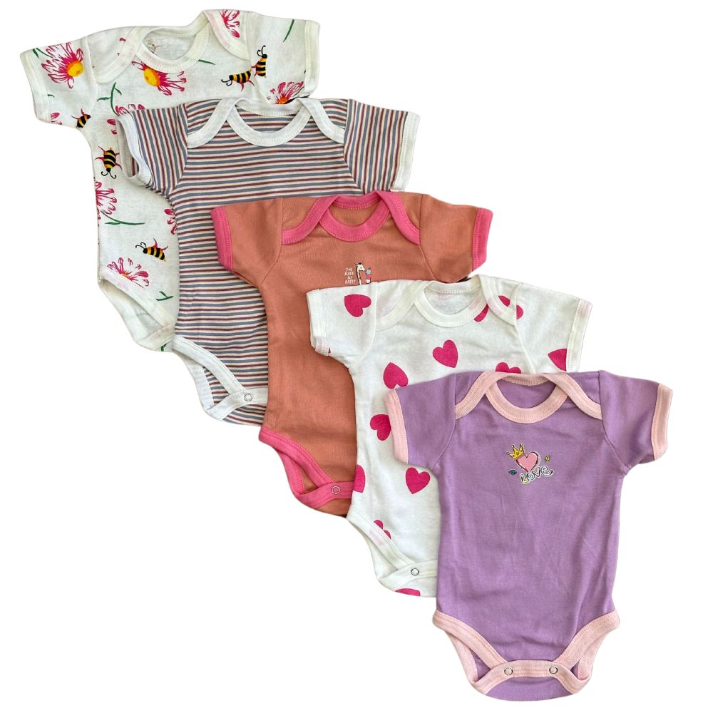 The Five-Pack of Cozy Cotton Short Sleeve Bodysuits-Pink by Alaya Junior showcases a fanned arrangement of five versatile baby onesies. The designs include floral and bee patterns, brown and white stripes, solid orange, white with pink hearts, and purple with a small printed design. Made from comfortable cotton, these bodysuits feature short sleeves and snap closures at the bottom, making them the perfect baby gift.