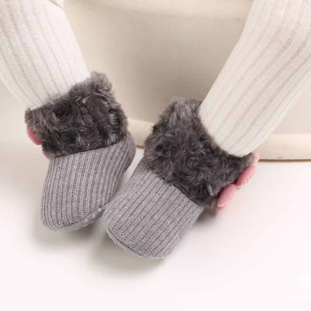 Baby Girl Flower Booties | Non-Slip Soft Sole Shoes | Grey