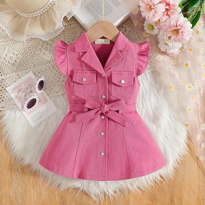 Baby/Toddler Girl Cotton Safari Dress | Ruffle Sleeves & Belted Design