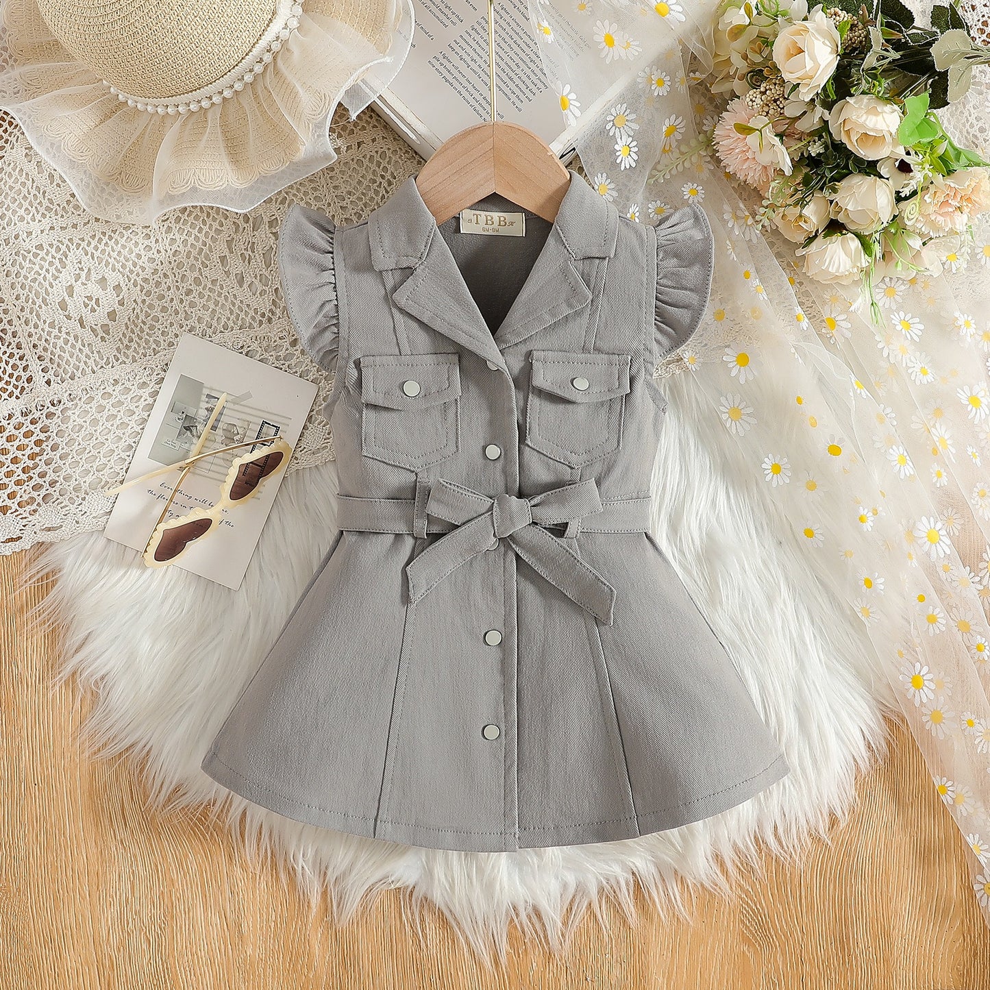 Baby/Toddler Girl Cotton Safari Frock| Ruffle Sleeves & Belted Design