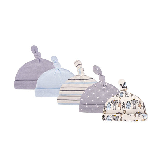 Introducing the Hudson Baby Infant Boy & Girl Cotton Cap Set by Alaya Junior, perfect for newborns aged 0-6 months. This collection features five essential caps, each with a charming knotted top: a solid light blue, a solid lavender, one with light blue stripes, one with grey stars, and another adorned with playful elephants and giraffes. Crafted entirely from comfortable cotton to keep your baby stylish and cozy.