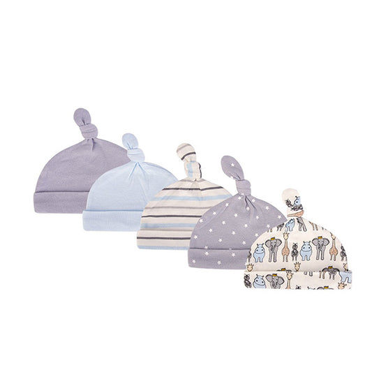 Introducing the Hudson Baby Infant Boy & Girl Cotton Cap Set by Alaya Junior, perfect for newborns aged 0-6 months. This collection features five essential caps, each with a charming knotted top: a solid light blue, a solid lavender, one with light blue stripes, one with grey stars, and another adorned with playful elephants and giraffes. Crafted entirely from comfortable cotton to keep your baby stylish and cozy.
