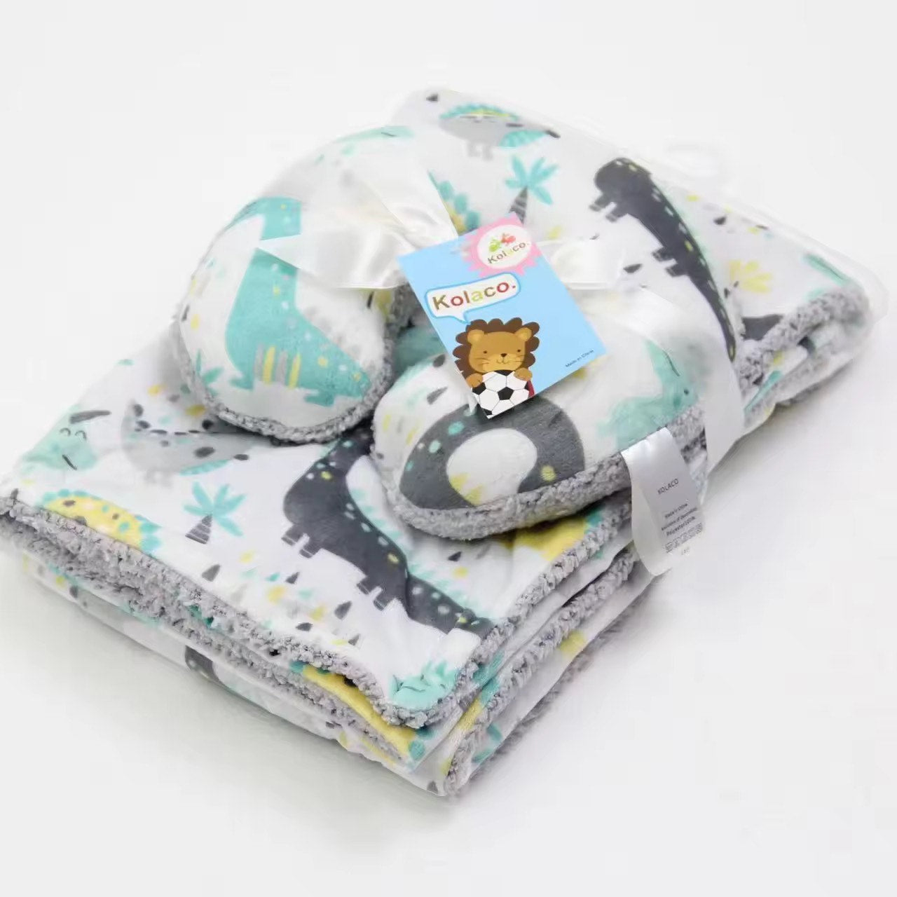 Cozy Polyester Fleece Neck Pillow and Plush Velvet Baby Blanket (Dinosaur Design)