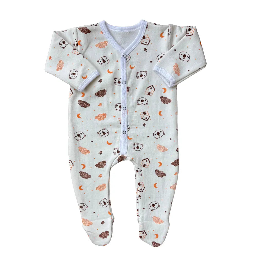 Introducing the Juniors Winter Baby Rompers Pack of 2 (Brown Set) by Carter's: a light blue baby onesie with a button-down front adorned with a delightful pattern of pandas, clouds, and crescent moons in shades of brown and peach. Ideal for providing cozy fleece warmth during winter.