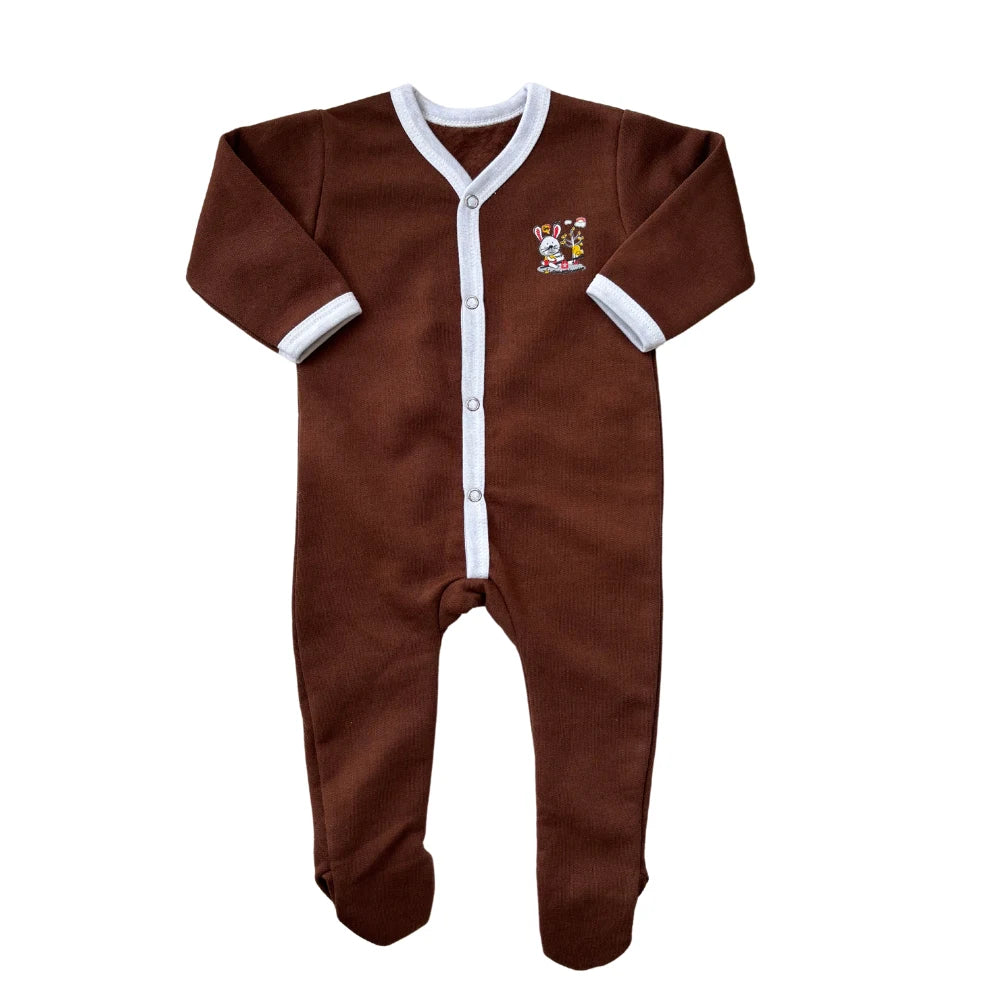 Experience cozy baby clothing at its best with Carter's Juniors Winter Baby Rompers Pack of 2 (Brown Set). This brown baby onesie is designed with long sleeves and a front button closure. It features a charming embroidered design of a cartoon animal and tree on the chest, while gray cuffs and trim add a stylish touch to this delightful outfit.