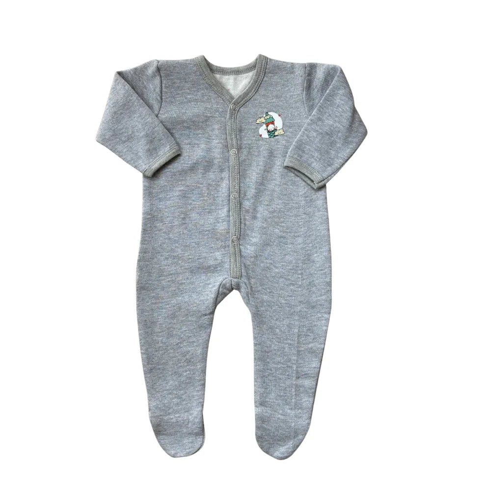 The Juniors Winter Baby Rompers Pack of 2 by Carter's in the gray set offers a cozy design with buttons down the front, long sleeves, and covered feet. It features an adorable embroidered duck in a scarf on the left chest, making it ideal for chilly days.