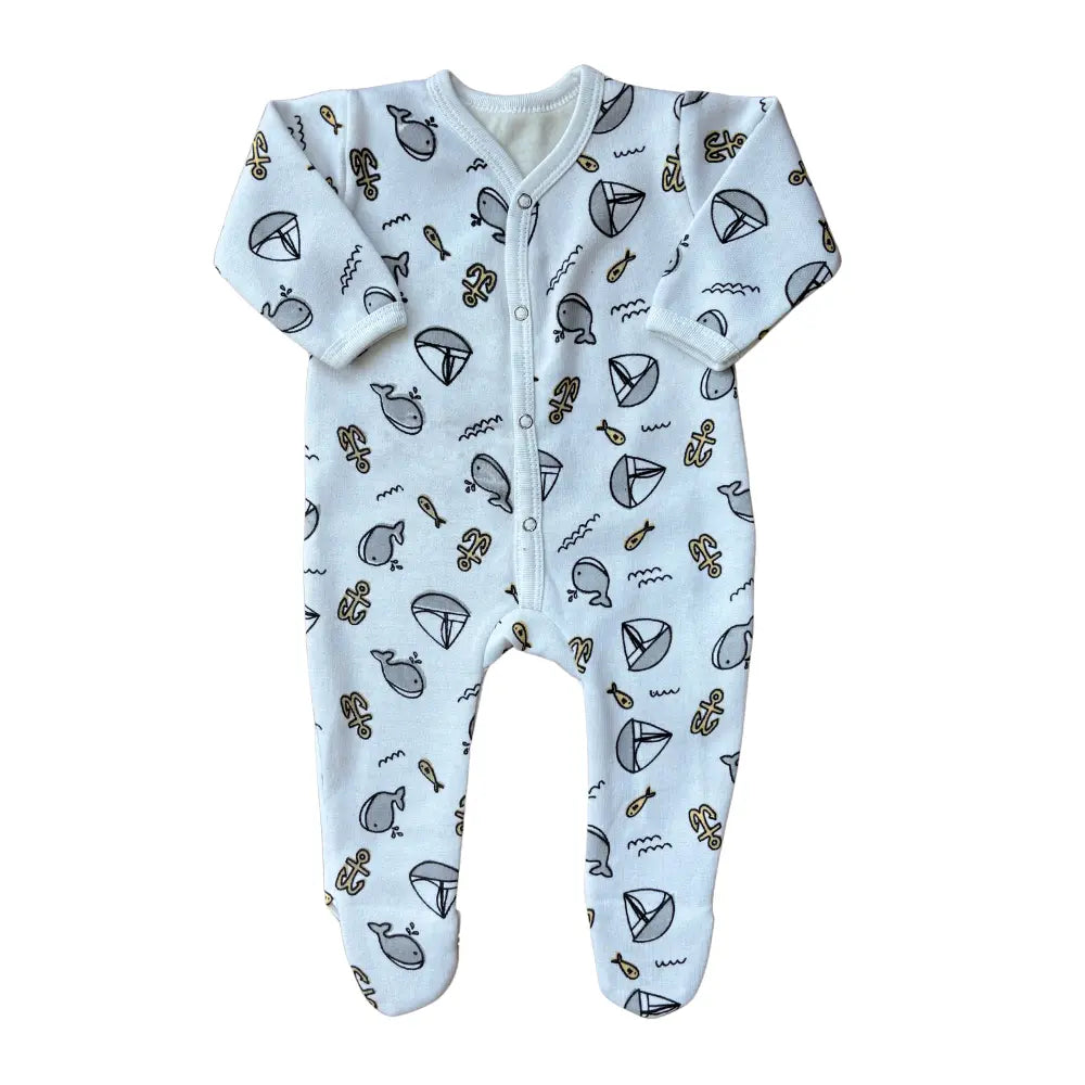 Carter's Juniors Winter Baby Romper from the Grey Set features charming nautical prints with sailboats, whales, and anchors in black and gold on soft fabric. Designed with front buttons, long sleeves, and covered feet for cozy winter warmth.