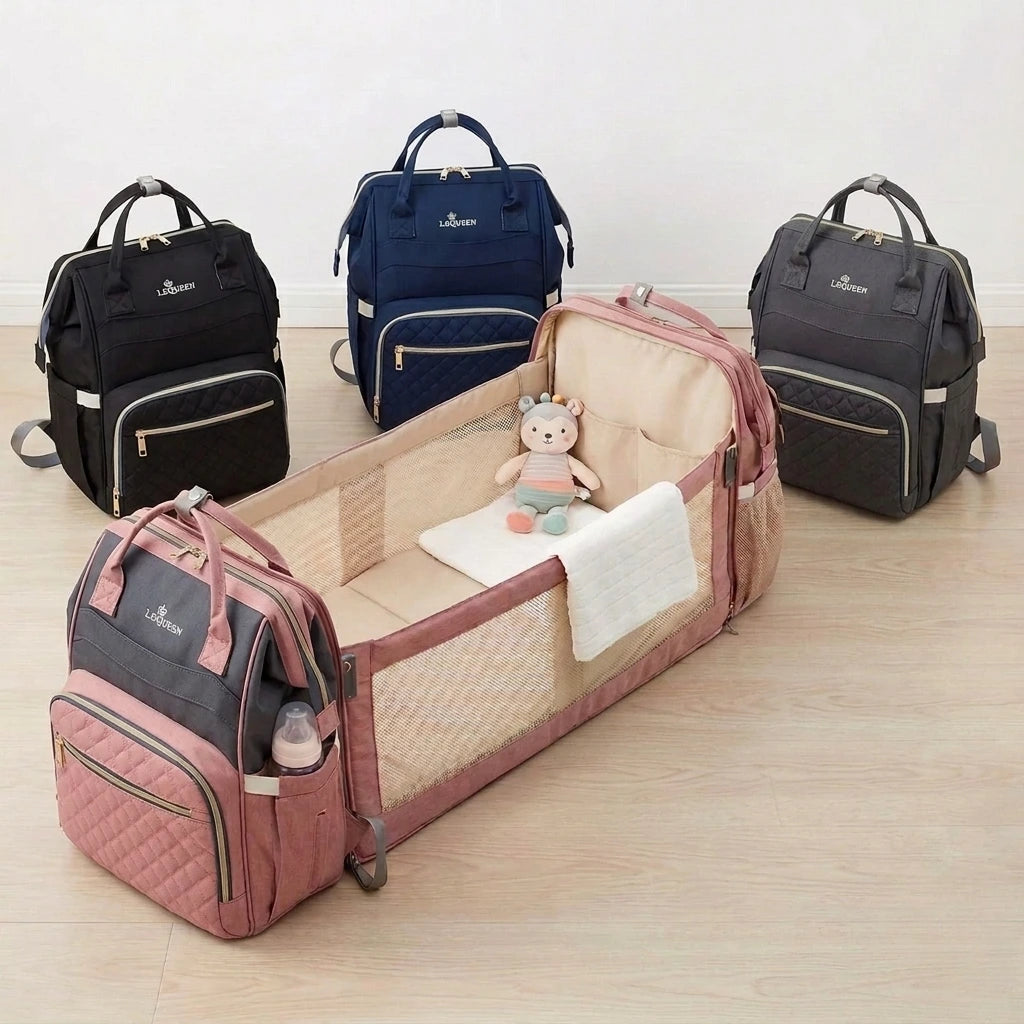 baby diaper travel backpack 3-in-1 Bag with Portable Bed I found out my Color:Pastel Petals Black ID-RUCK2