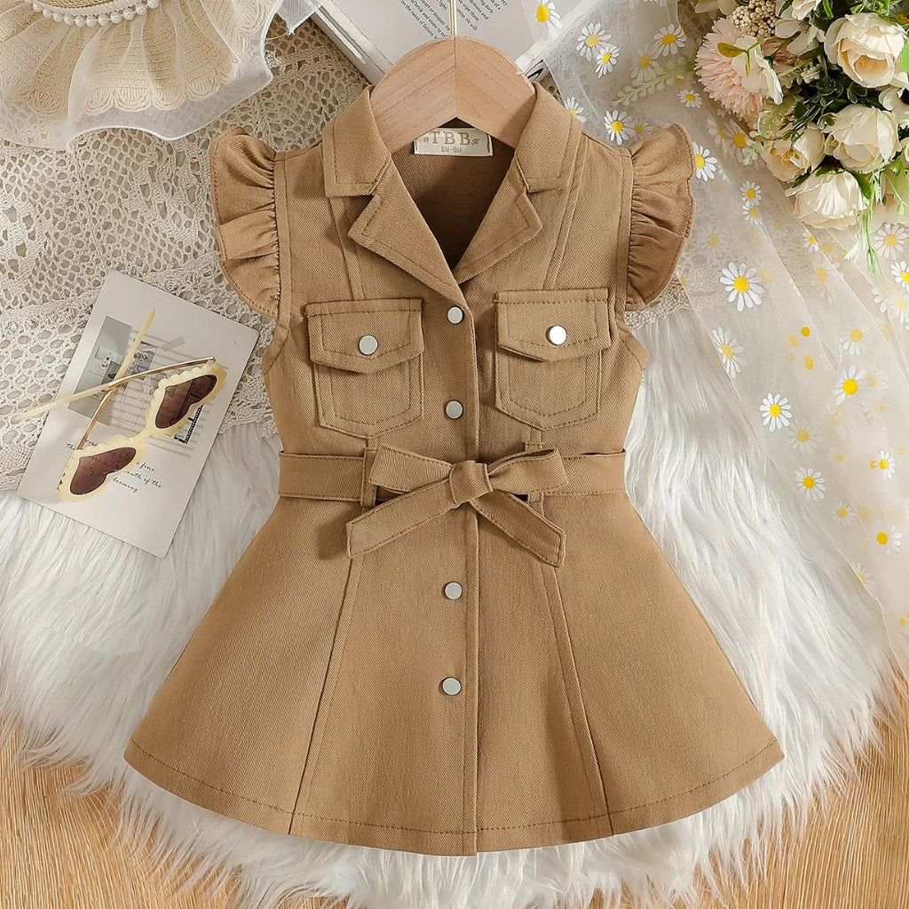 Baby/Toddler Girl Cotton Safari Dress | Ruffle Sleeves & Belted Design