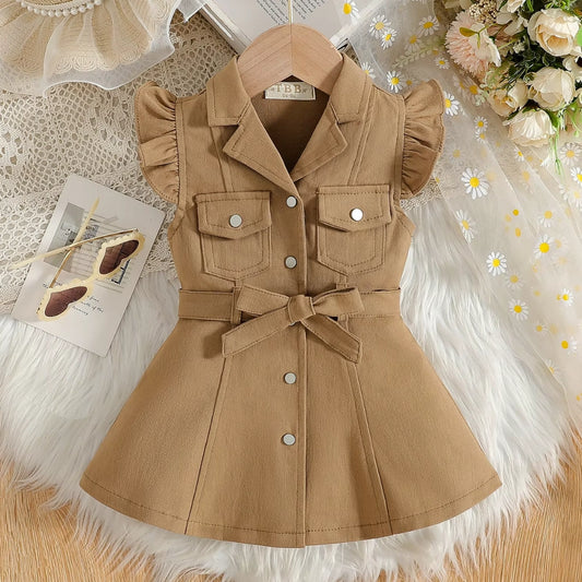 Baby/Toddler Girl Cotton Safari Dress | Ruffle Sleeves & Belted Design