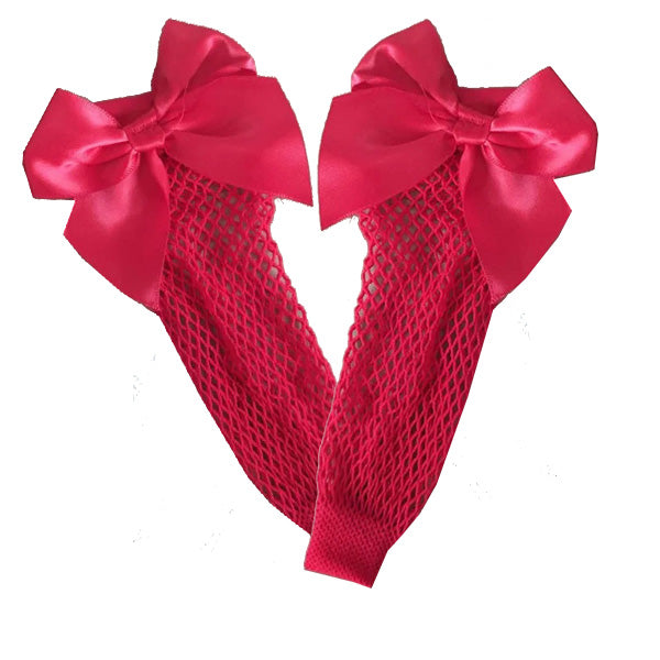 Two pairs of Big Bow Mesh Socks for Baby Girls are depicted, perfect for adding charm to newborn baby outfits. Featuring large satin bows at their tops, these vibrant, glossy accessories elevate the functional socks, making them an ideal addition to the infant clothing options offered by Alaya Junior in Pakistan.