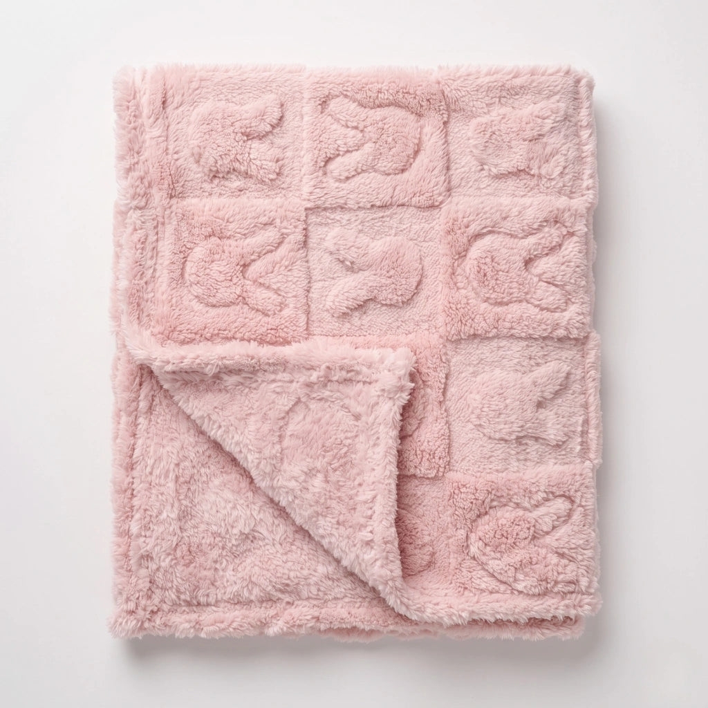 A soft pink plush blanket with a grid pattern of raised square panels, shown folded with one corner turned over on a light gray background.