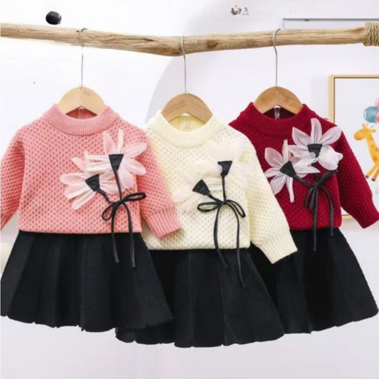 Baby Girls Winter Knitted Frock Set - 3D Flower Warm Dress