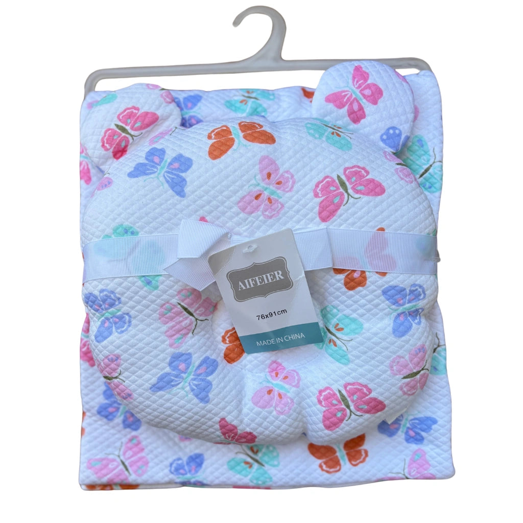 Premium Baby Summer Cotton Blanket & Head-Shaping Pillow Set -- Butterfly